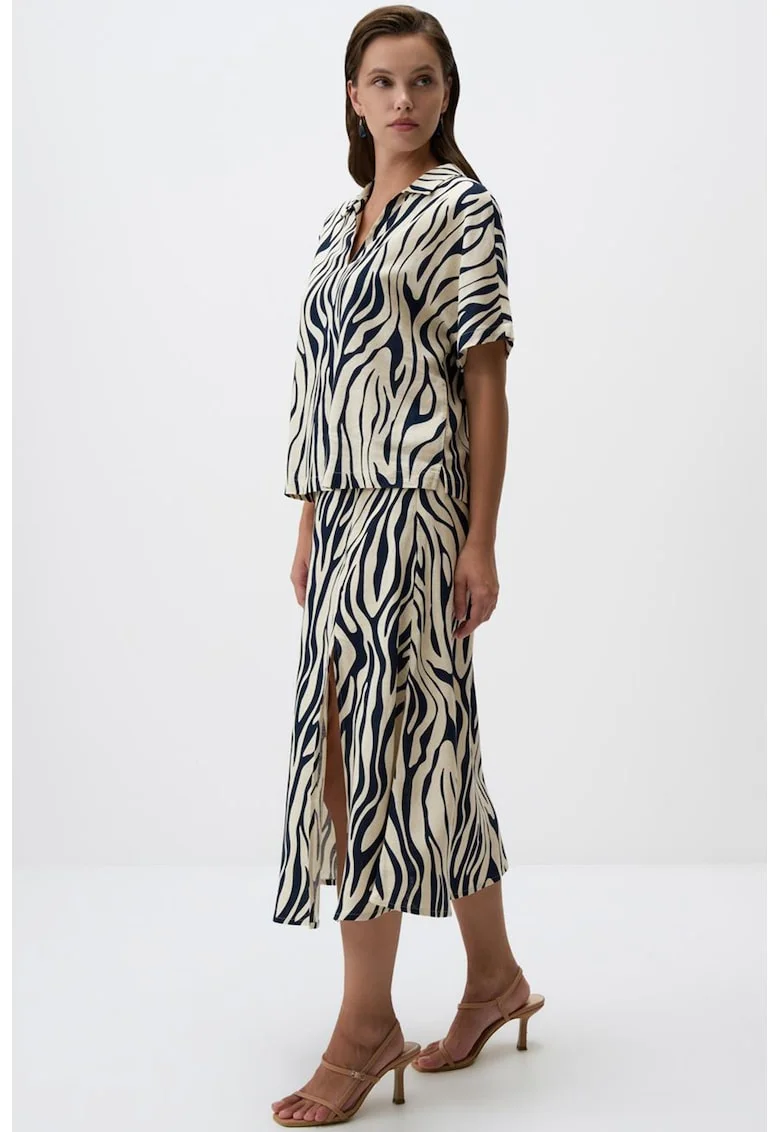 Fusta midi cu slit lateral si imprimeu, Alb fildes/Bleumarin