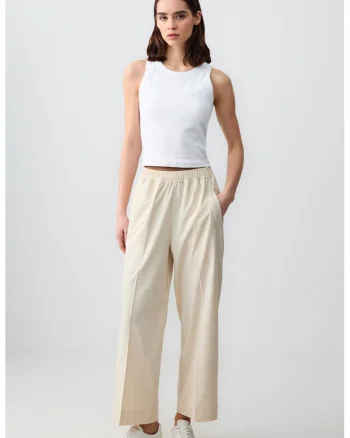 Pantaloni cu croiala ampla si talie elastica, Bej deschis