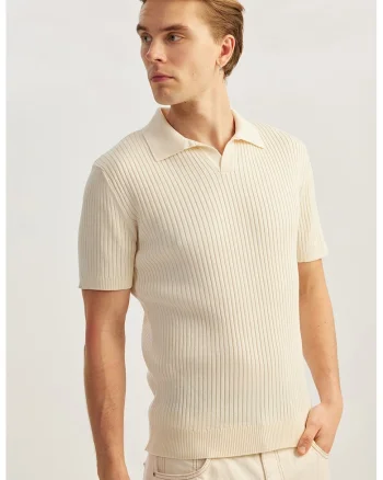 Pulover polo cu model texturat, maneci scurte si decolteu in V, Bej deschis