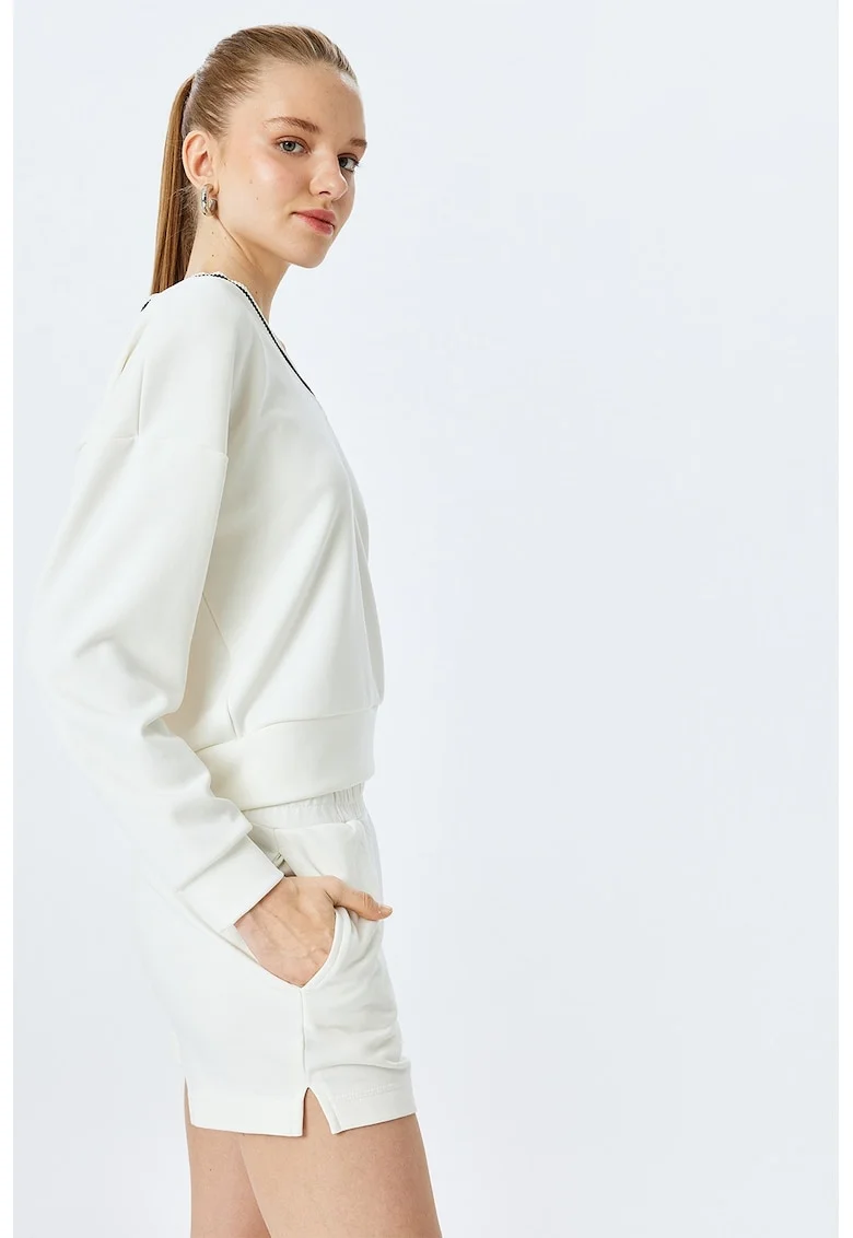 Bluza de trening din amestec de modal cu decolteu in V, Alb fildes