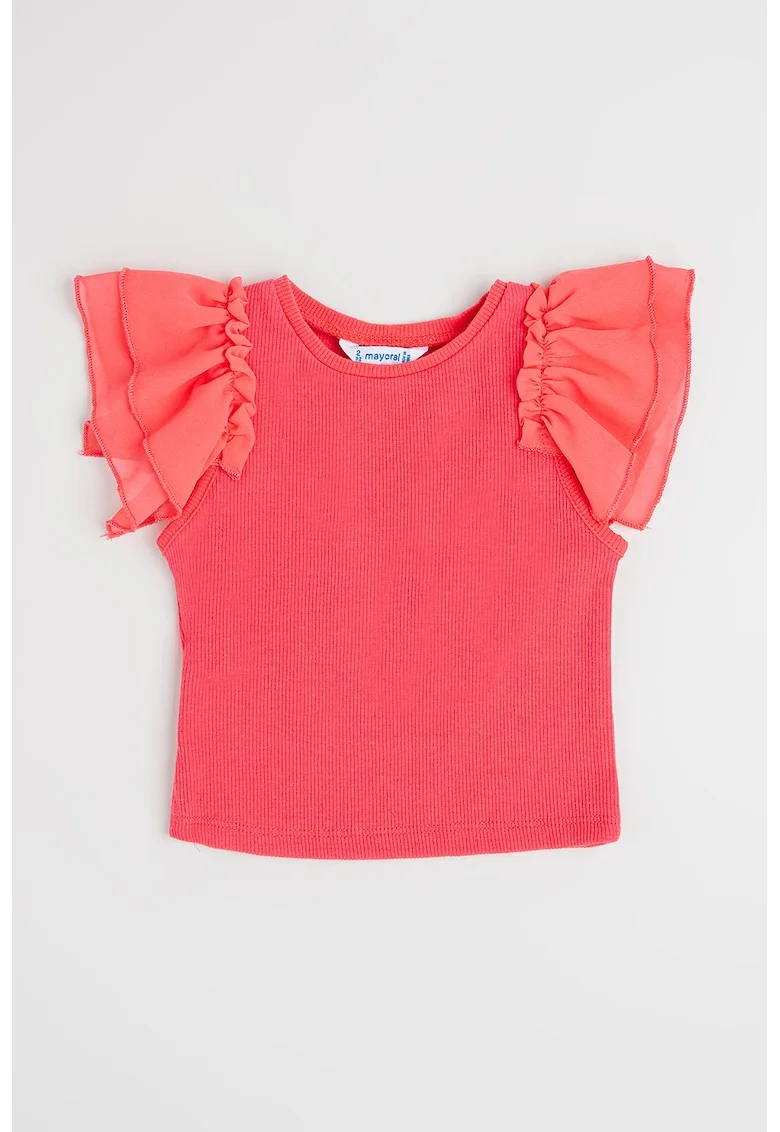 Tricou cu volane si decolteu la baza gatului, Roz aprins