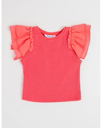 Tricou cu volane si decolteu la baza gatului, Roz aprins