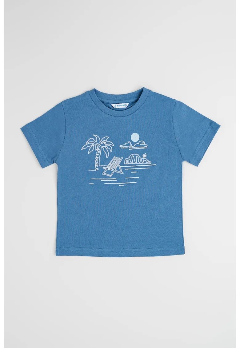 Tricou cu imprimeu tropical, Albastru prafuit