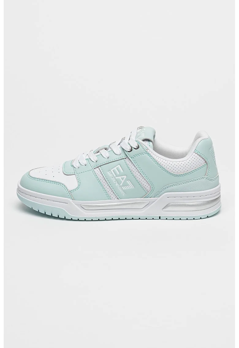 Pantofi sport din piele cu model cu perforatii, Alb/Verde menta