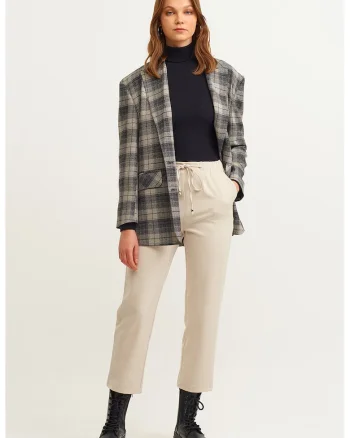 Pantaloni crop cu snur, Bej