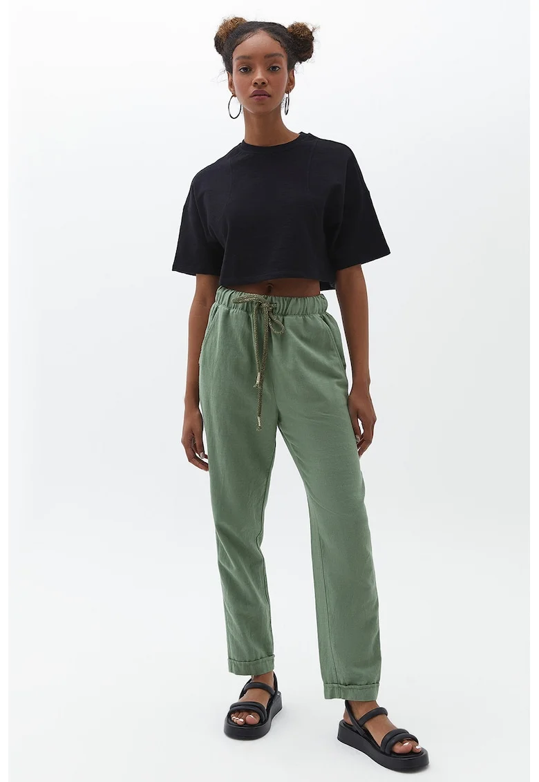 Pantaloni crop cu talie ajustabila, Verde sparanghel