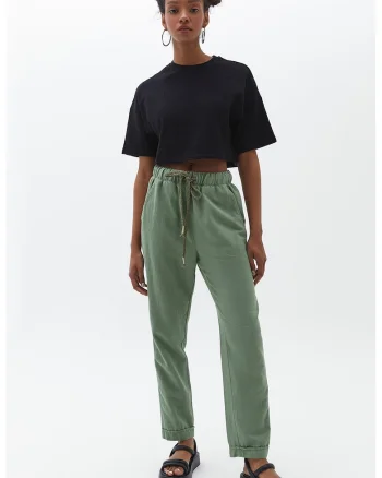 Pantaloni crop cu talie ajustabila, Verde sparanghel