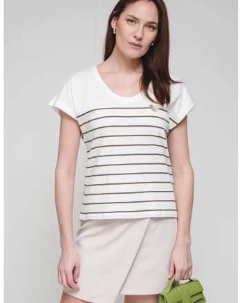 Tricou de bumbac organic cu model in dungi si decolteu rotund, Alb/Verde feriga