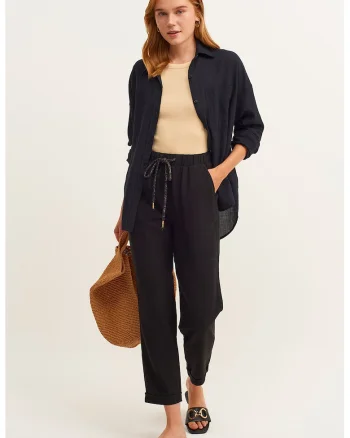 Pantaloni crop cu talie ajustabila, Negru