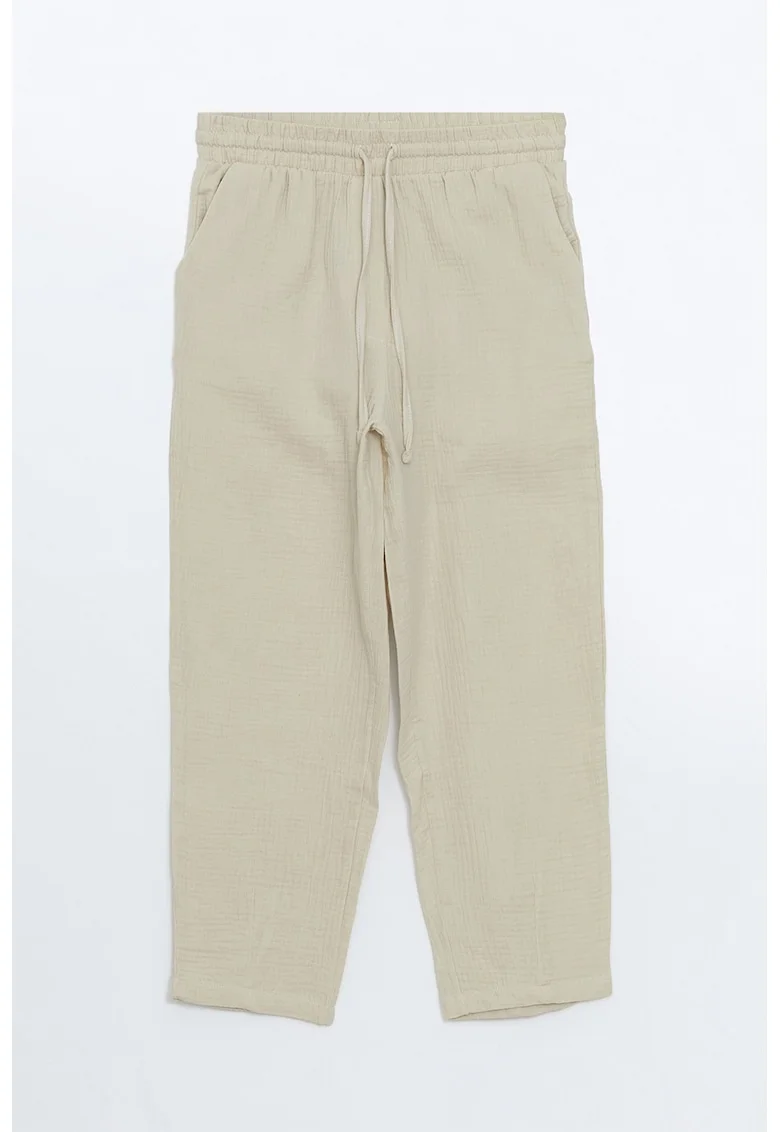 Pantaloni crop cu snur de ajustare si croiala dreapta, Crem
