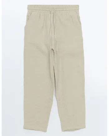Pantaloni crop cu snur de ajustare si croiala dreapta, Crem