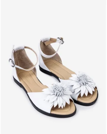 Sandale dama albe din piele cu ornament floare