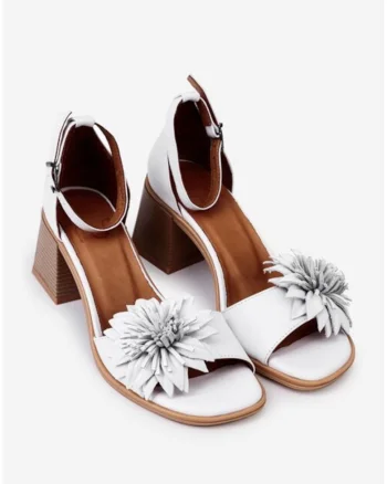 Sandale dama albe  din piele cu ornament floare