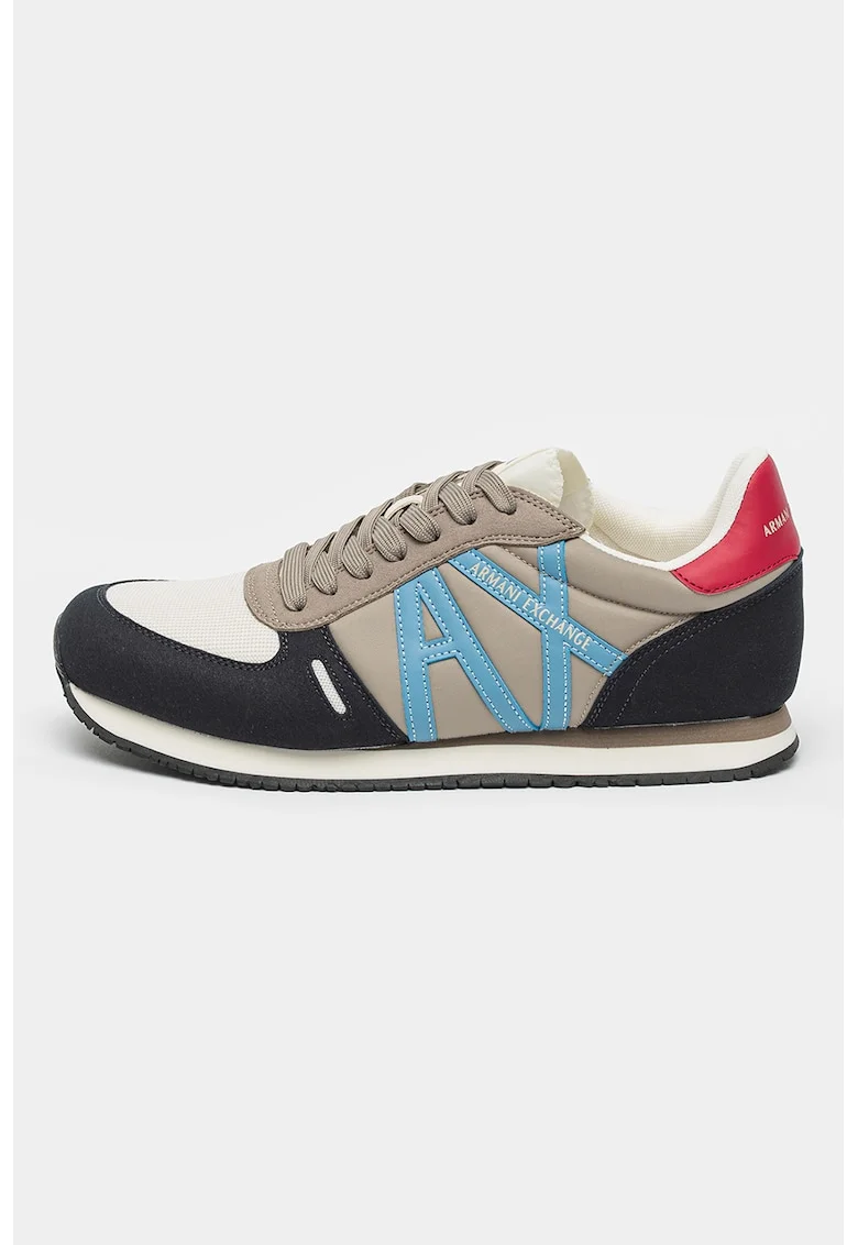 Pantofi sport cu logo si insertii de piele ecologica, Albastru ultramarin/Grej