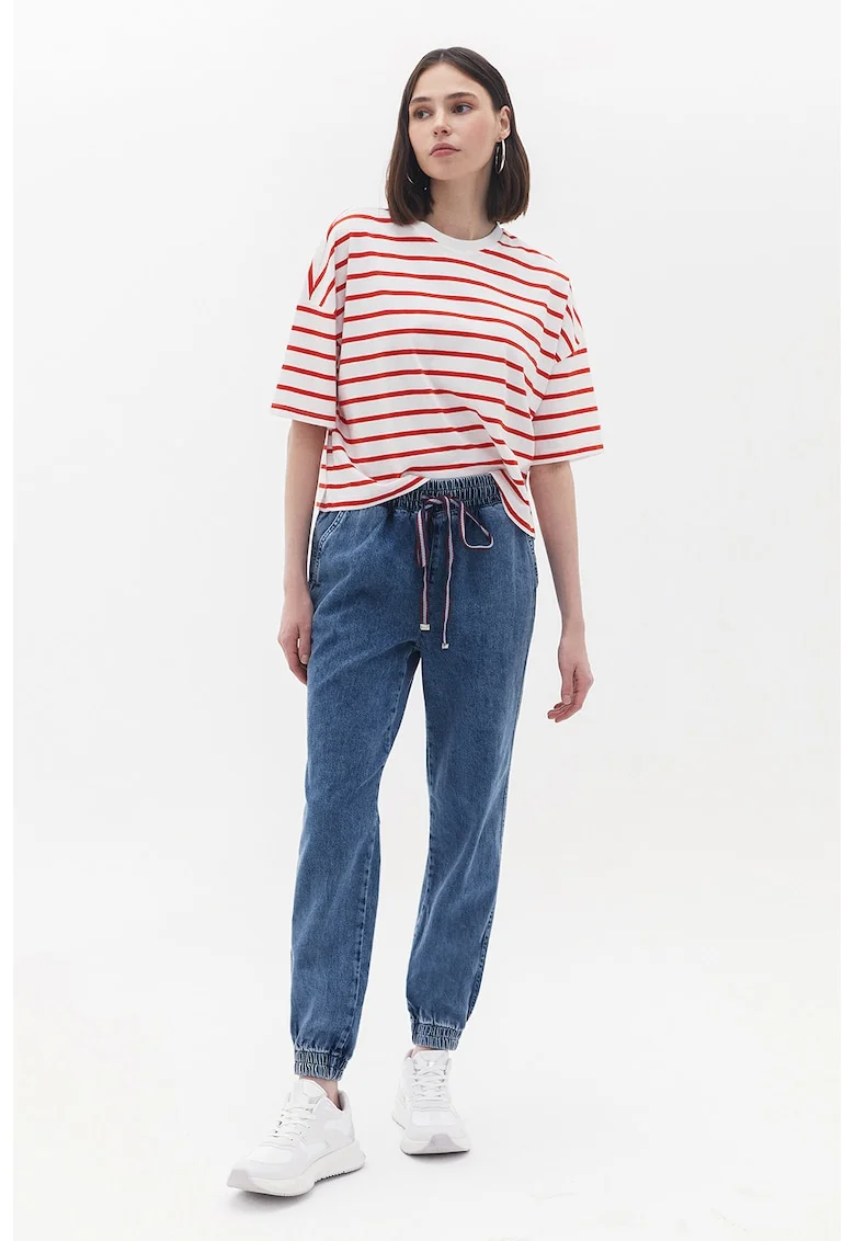 Pantaloni de trening cu aspect de denim si talie inalta, Albastru