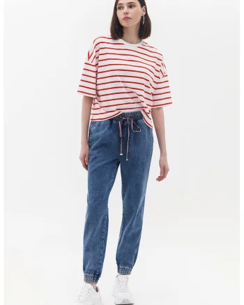 Pantaloni de trening cu aspect de denim si talie inalta, Albastru