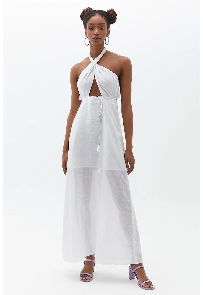 Rochie din bumbac cu bretea halter, Alb optic