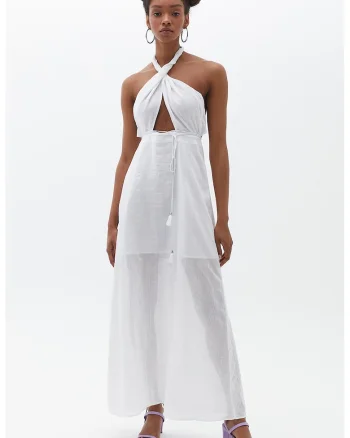 Rochie din bumbac cu bretea halter, Alb optic