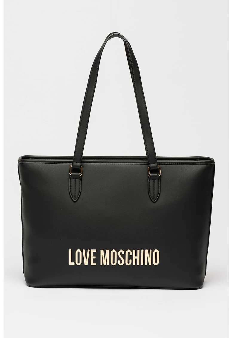 Geanta shopper din piele ecologica cu logo, Negru