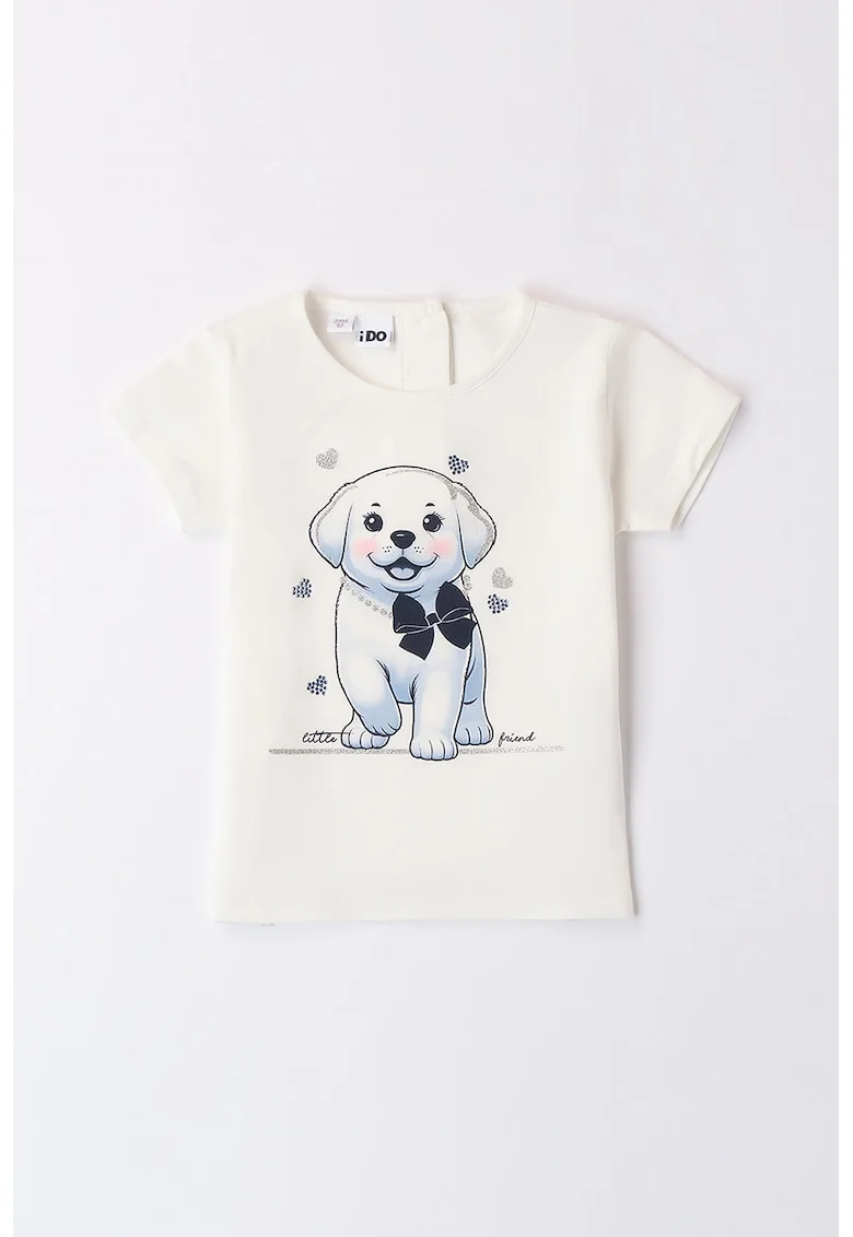 Tricou cu decolteu la baza gatului si imprimeu, Albastru pastel/Negru stins/Alb murdar