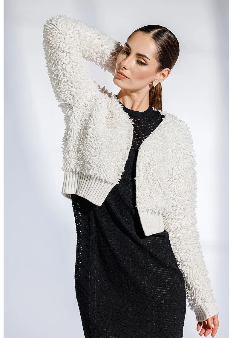 Cardigan din lana cu asepct pufos Icon, Crem