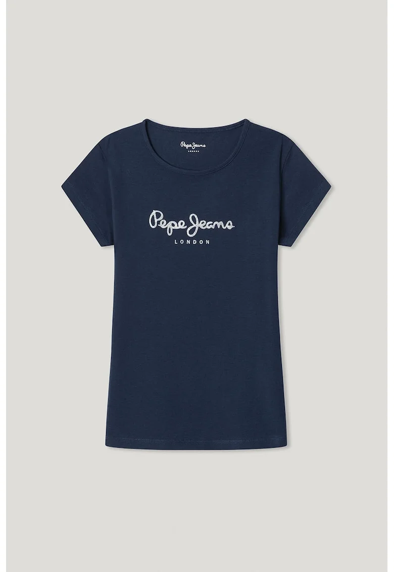 Tricou cu decolteu la baza gatului si logo stralucitor, Alb optic/Bleumarin
