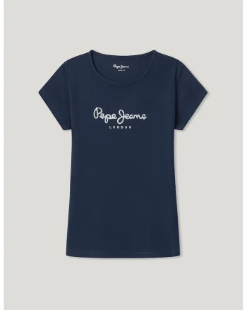 Tricou cu decolteu la baza gatului si logo stralucitor, Alb optic/Bleumarin