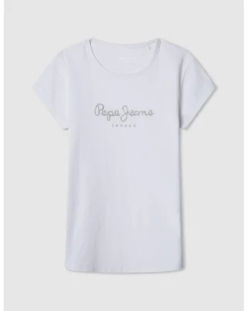 Tricou cu decolteu la baza gatului si logo stralucitor, Alb optic/Argintiu