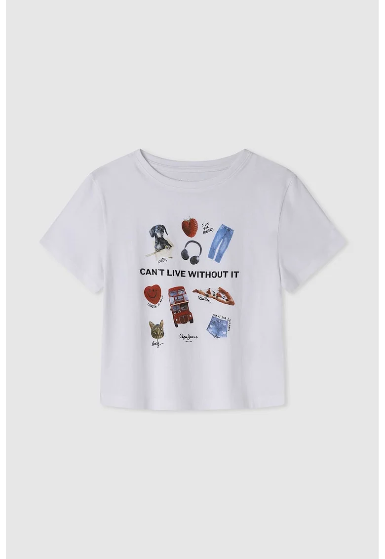 Tricou cu decolteu la baza gatului si imprimeu, Rosu/Albastru pastel/Alb optic