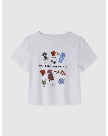 Tricou cu decolteu la baza gatului si imprimeu, Rosu/Albastru pastel/Alb optic