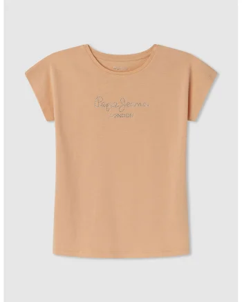 Tricou cu logo din strasuri, Piersica/Argintiu