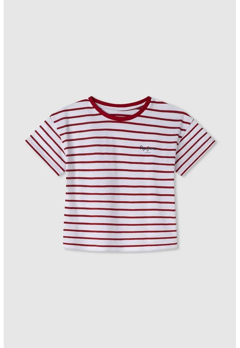 Tricou cu decolteu la baza gatului si dungi, Rosu/Alb optic