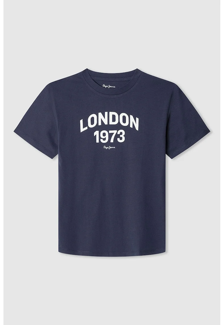 Tricou cu decolteu la baza gatului si logo, Alb/Bleumarin