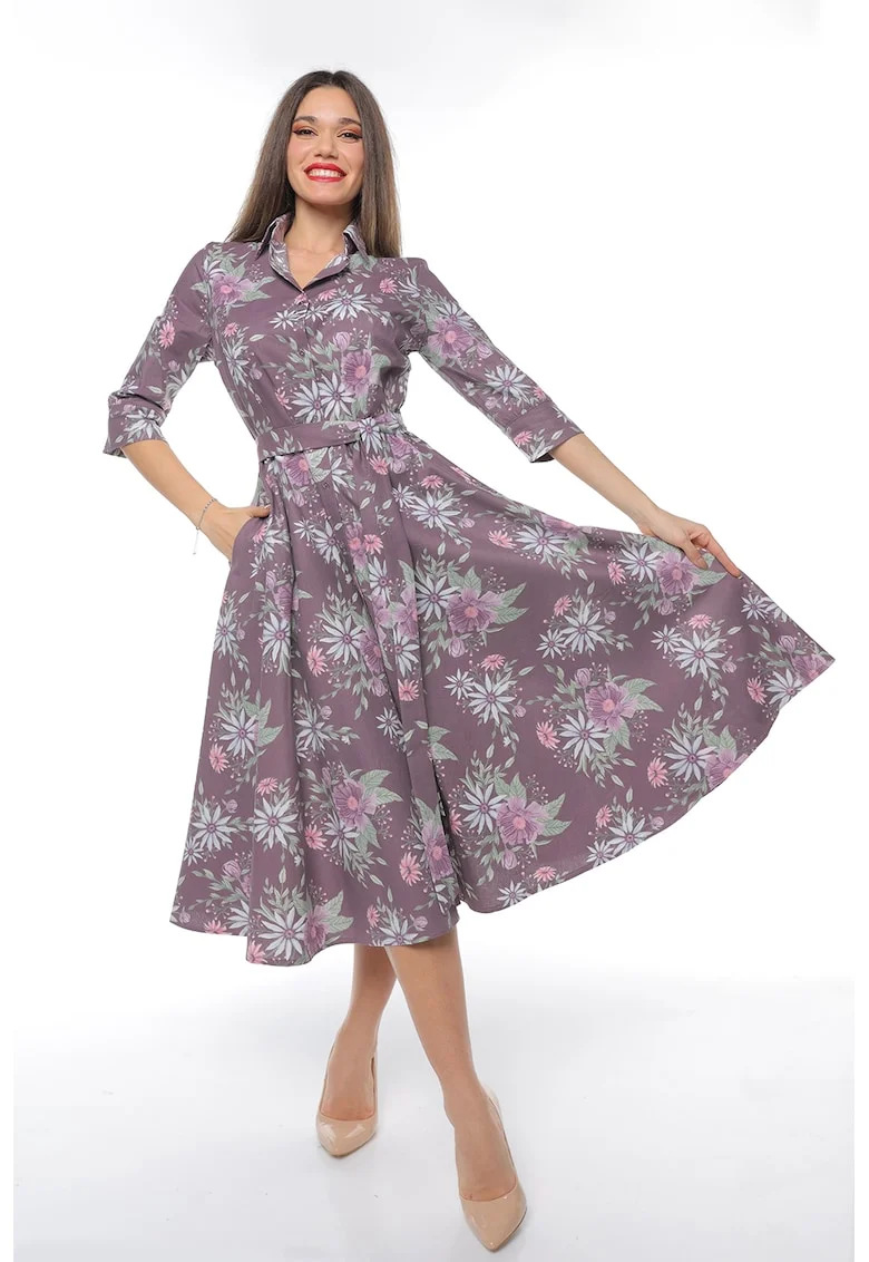 Rochie-camasa evazata cu cordon in talie, Verde/Violet