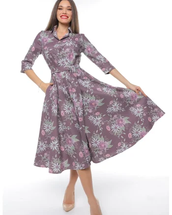 Rochie-camasa evazata cu cordon in talie, Verde/Violet