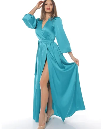 Rochie maxi evazata cu slit si model petrecut, Turcoaz
