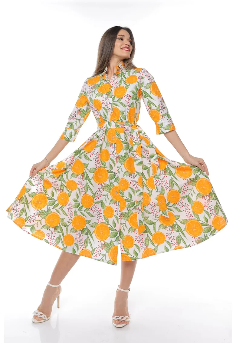 Rochie-camasa evazata cu cordon in talie, Alb/Verde/Portocaliu
