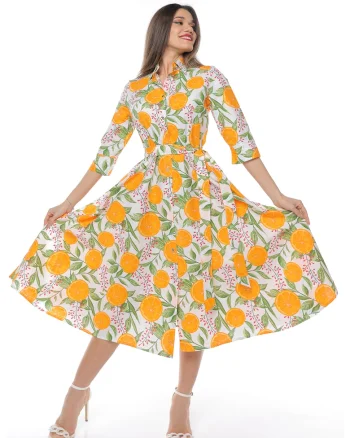 Rochie-camasa evazata cu cordon in talie, Alb/Verde/Portocaliu