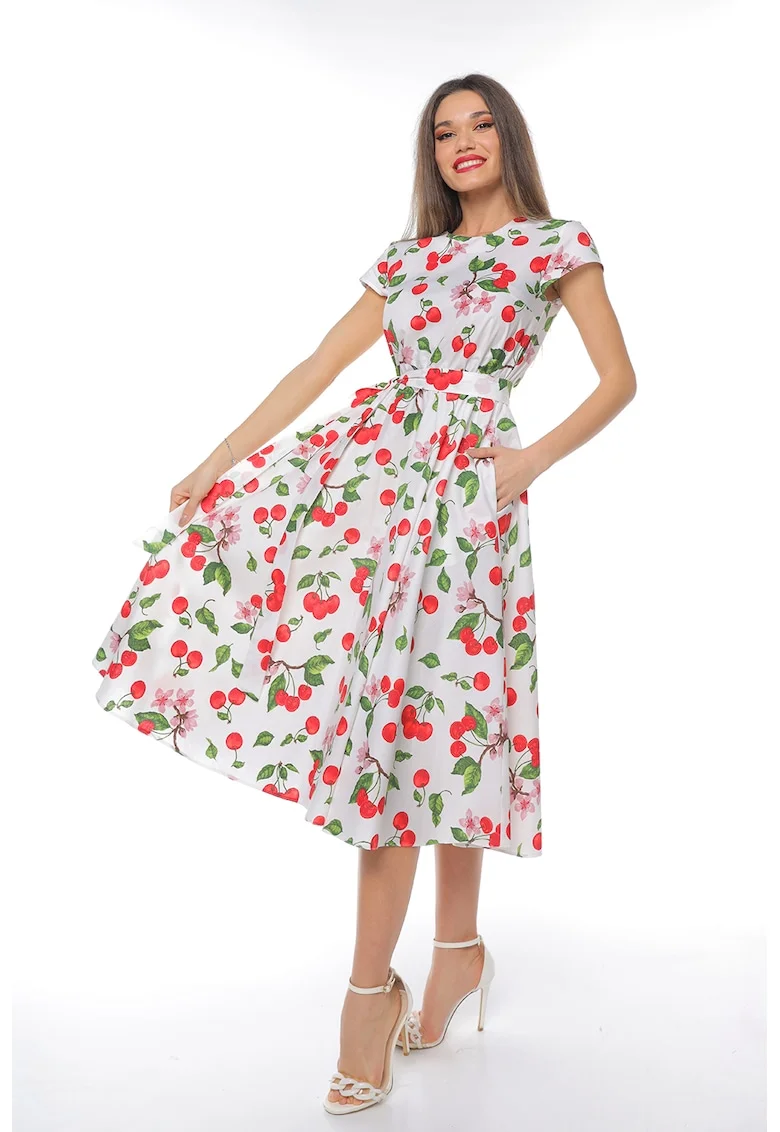 Rochie midi cu croiala evazata si maneci scurte, Rosu/Alb/Verde