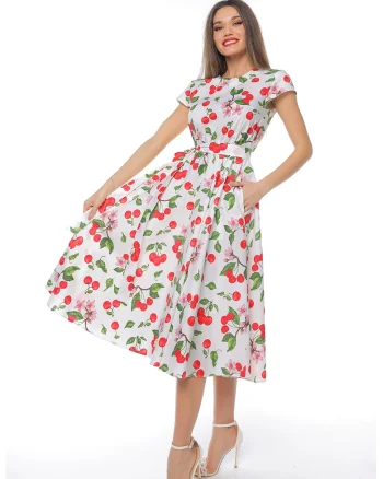 Rochie midi cu croiala evazata si maneci scurte, Rosu/Alb/Verde
