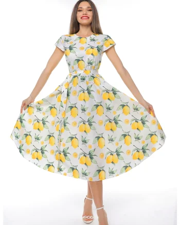 Rochie midi cu croiala evazata si maneci scurte, Alb/Verde/Galben