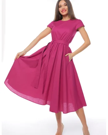 Rochie midi cu croiala evazata si maneci scurte, Fucsia