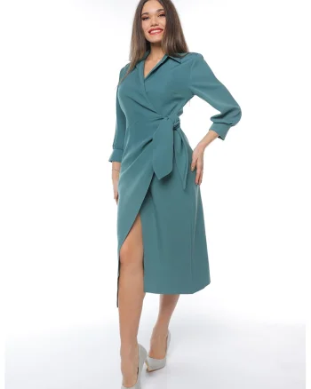 Rochie midi cu croiala petrecuta si slit frontal, Verde persan