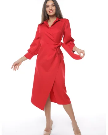 Rochie midi cu croiala petrecuta si slit frontal, Rosu
