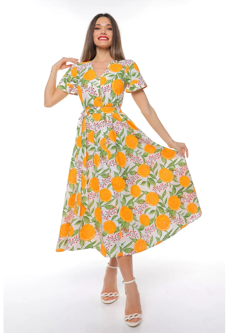 Rochie-camasa cu cordon in talie, Portocaliu/Verde pal
