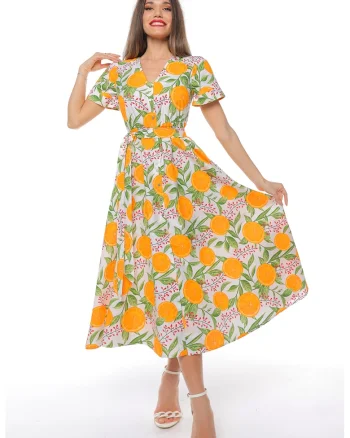 Rochie-camasa cu cordon in talie, Portocaliu/Verde pal