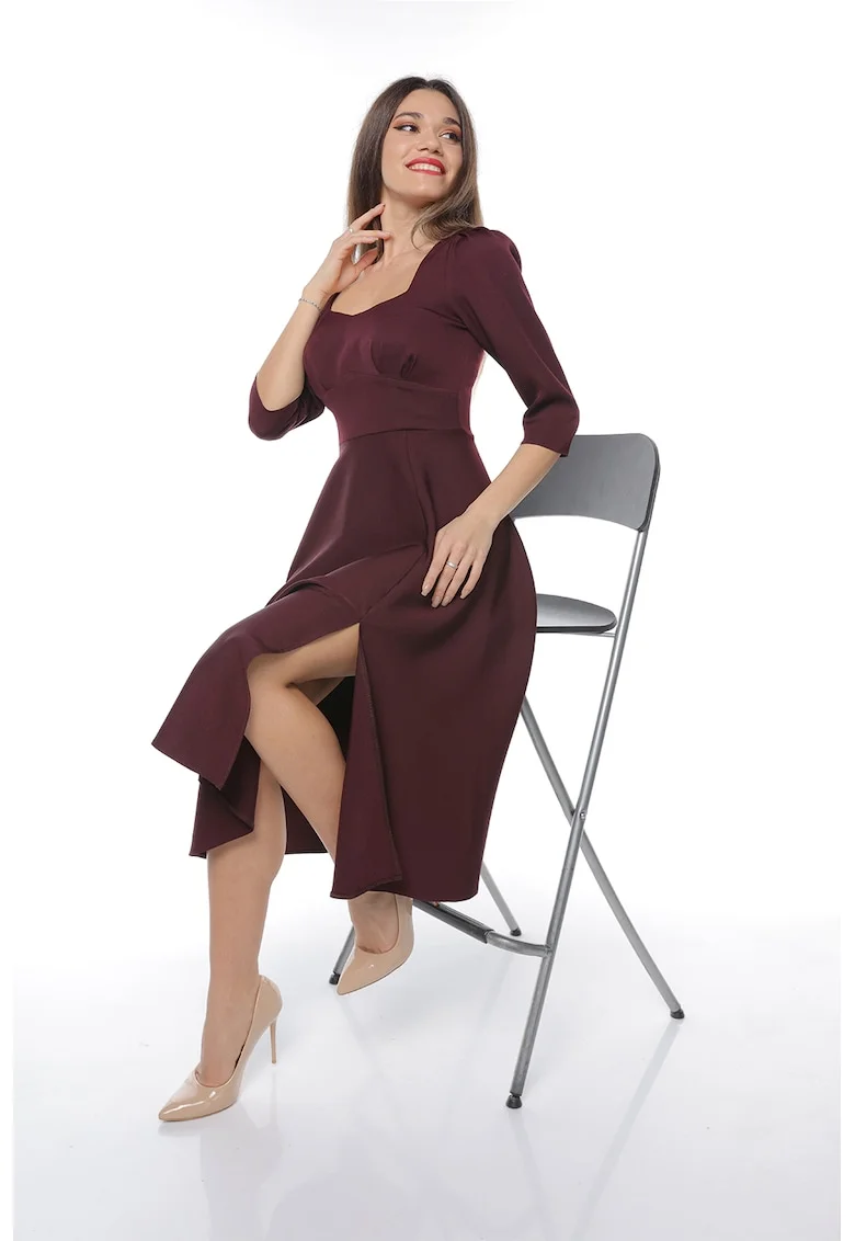 Rochie midi cu slit lateral, Visiniu