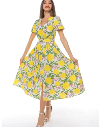 Rochie-camasa cu cordon in talie, Galben/Verde menta