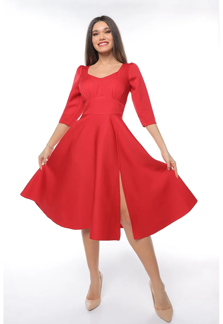 Rochie midi cu slit lateral, Rosu