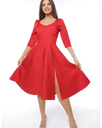Rochie midi cu slit lateral, Rosu